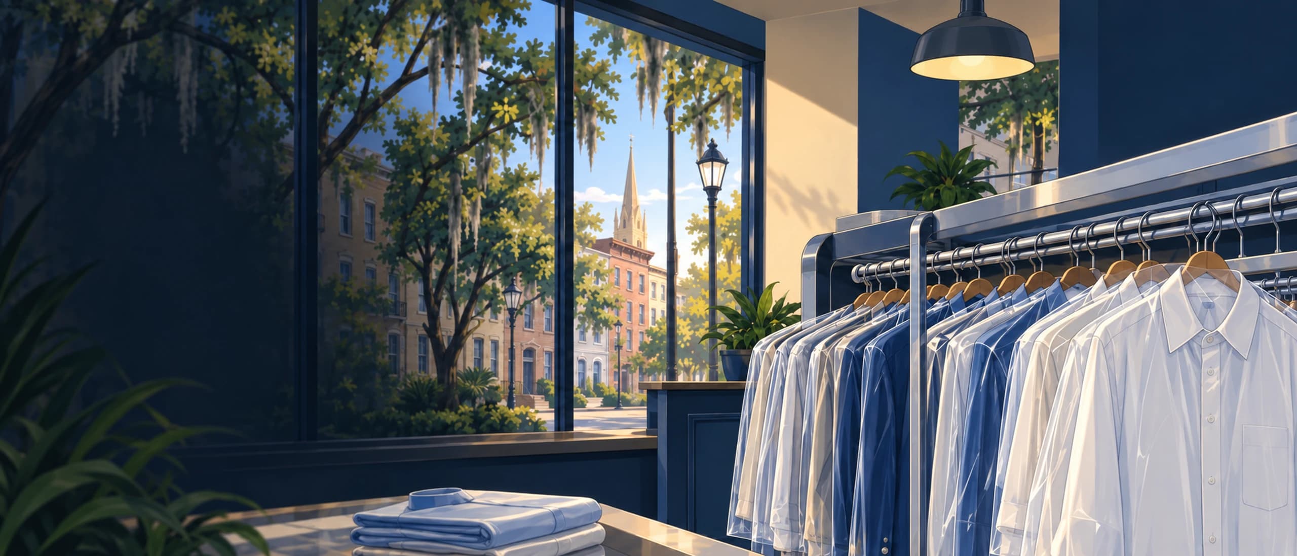 Illustration of a Savannah dry cleaning shop: pressed shirts on a rail beside a window looking out on moss-draped oaks and a church steeple