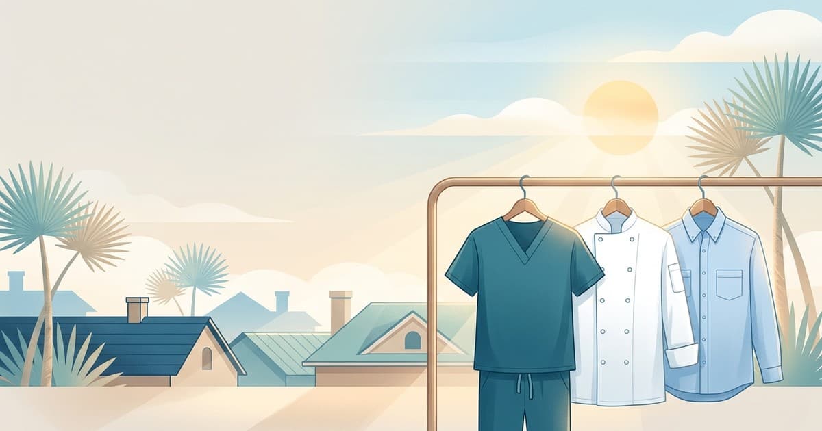 Flat illustration of medical scrubs and restaurant uniforms hanging freshly pressed against a sunlit coastal Savannah backdrop, uniform cleaning in Savannah