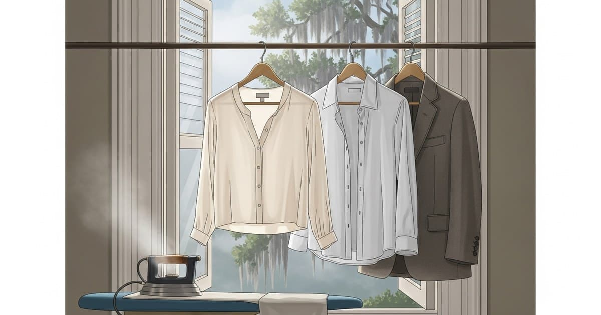 Illustration of a silk blouse, linen shirt, and wool blazer on hangers in soft coastal light beside a Savannah window with Spanish moss for Best Cleaners & Laundry