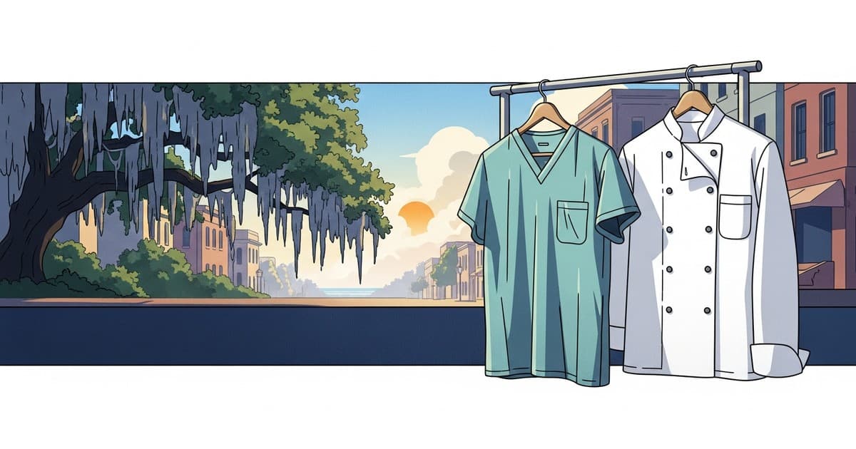 Illustration of fresh medical scrubs and a chef coat on hangers in warm August light over a coastal Savannah scene for Best Cleaners & Laundry