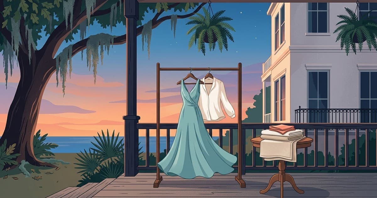 Flat vector illustration of a Savannah porch at dusk with a silk blouse, a folded linen tablecloth, and a formal gown on a garment rack beneath live oaks and Spanish moss, delicate fabric care in Savannah from August into fall