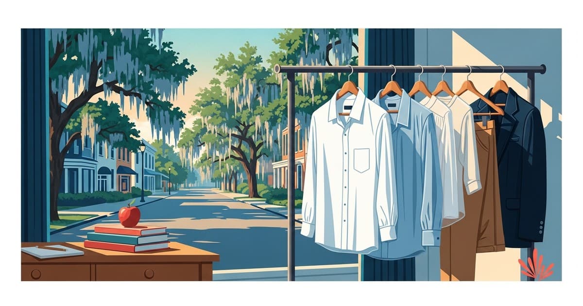 Illustration of freshly pressed work shirts and professional clothing on hangers with books and an apple in a bright coastal Savannah scene for Best Cleaners & Laundry