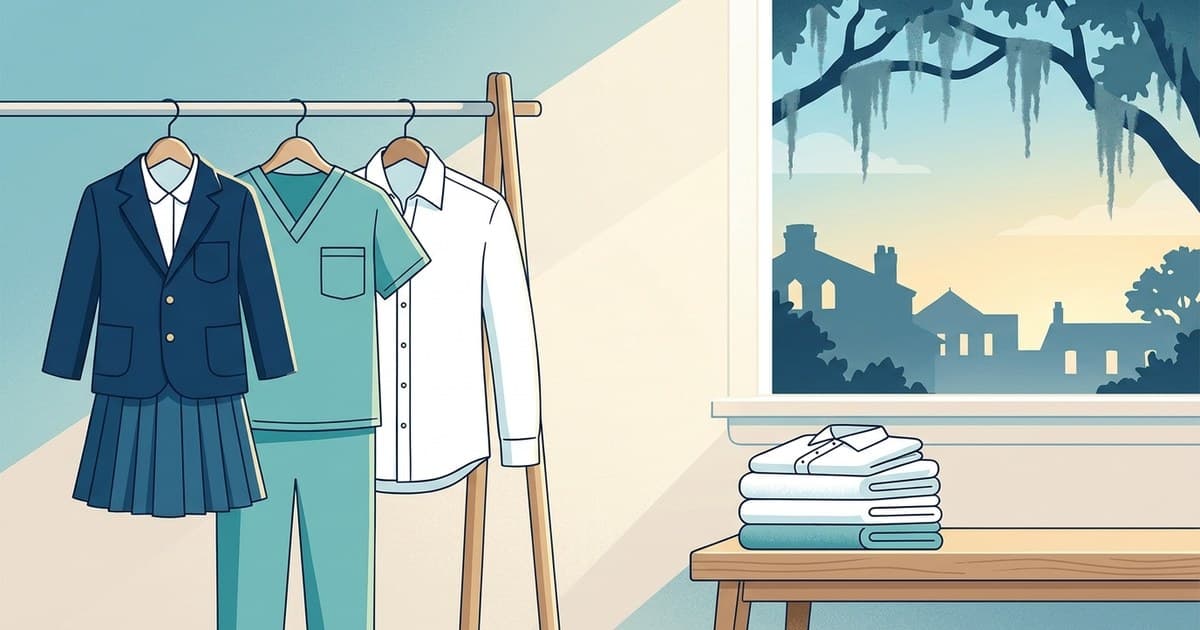 Flat illustration of freshly pressed school clothes, medical scrubs, and hospitality uniforms on hangers in coastal morning light, back-to-school uniform cleaning in Savannah