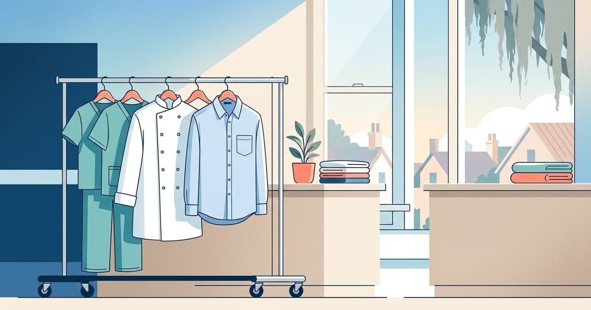 Flat illustration of teacher attire, medical scrubs, and hospitality uniforms hanging fresh in coastal morning light, uniform cleaning in Savannah