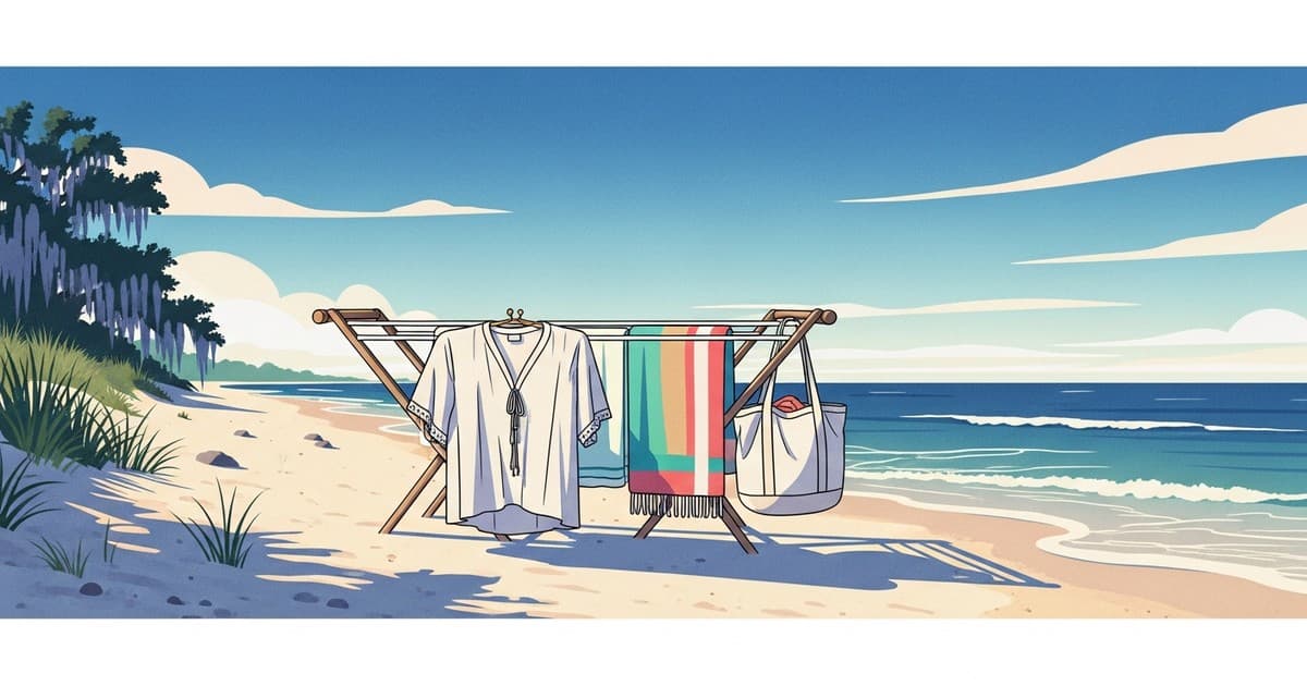 Illustrated coastal beach scene with garments drying near Savannah shoreline — Best Cleaners Savannah beach clothes care