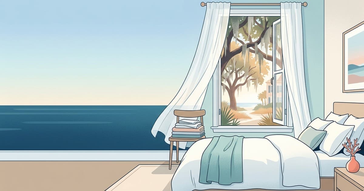 Flat vector illustration of a sunlit Savannah guest bedroom with a fluffy white duvet, a folded teal throw at the foot of the bed, sheer curtains at a tall window, and live oaks with Spanish moss outside, in coastal blues and sandy neutrals