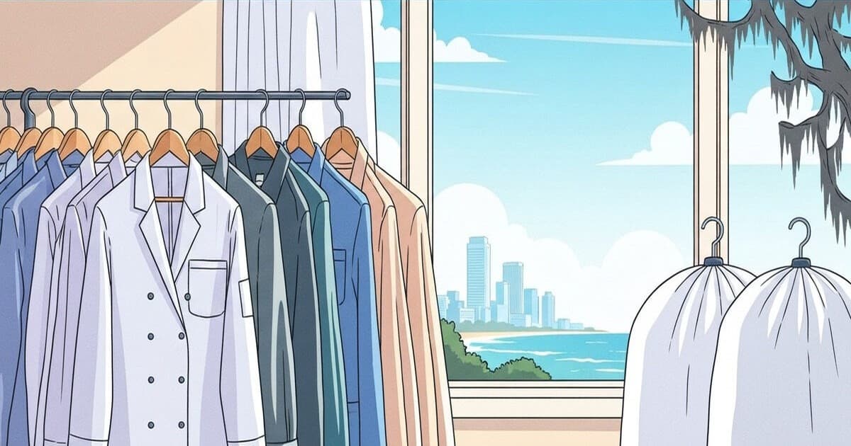 Professional business uniforms cleaned and pressed at a commercial laundry service in Savannah, Georgia