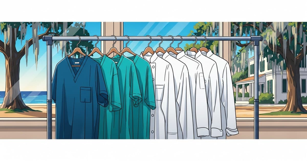 Illustration of medical scrubs and chef coats hanging freshly cleaned in a bright coastal Savannah setting for Best Cleaners & Laundry