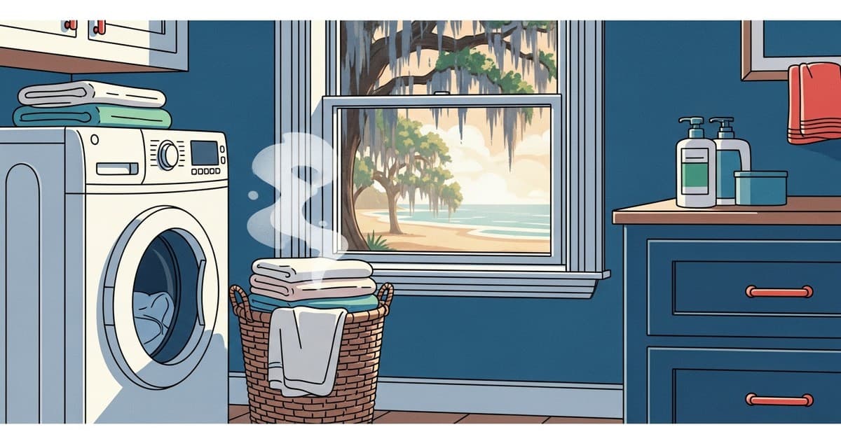 Illustrated flat vector image of laundry care essentials in a coastal Savannah home setting