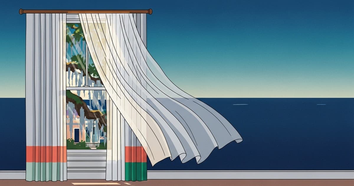 Illustrated coastal Savannah home with clean, billowing linen curtains and Spanish moss outside the window