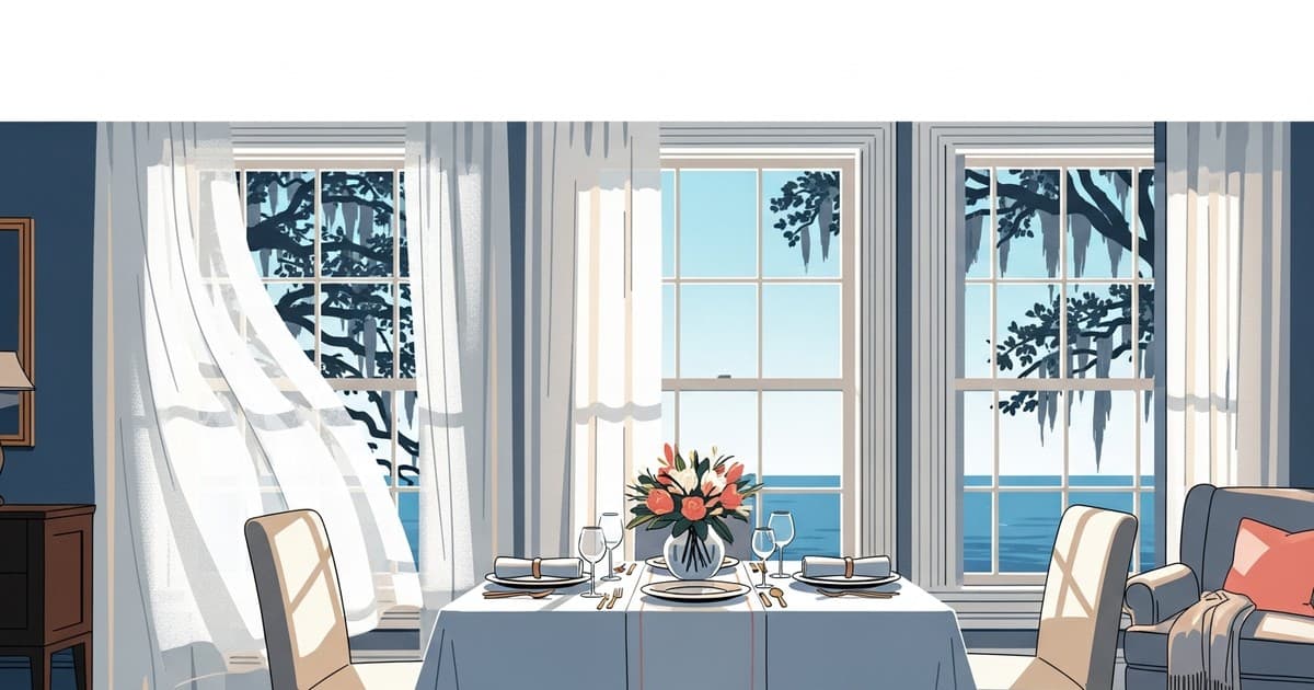Flat vector illustration of sunlit Savannah living room with freshly cleaned sheer drapes and a table set with crisp linens for summer entertaining