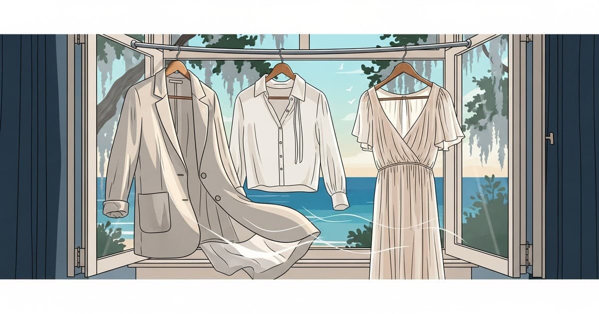 Illustrated flat vector image of delicate linen and silk garments hanging in an airy Savannah spring setting with Spanish moss and coastal light