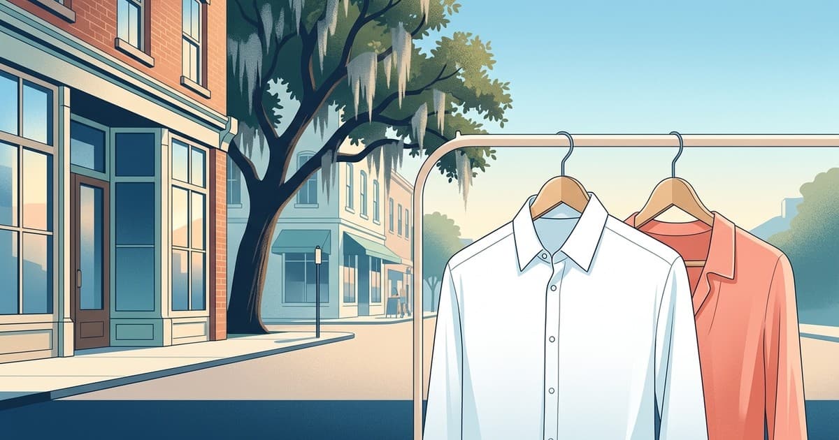 Flat vector illustration of a crisply pressed dress shirt and silk blouse on hangers in early morning light beside a Savannah storefront with live oaks