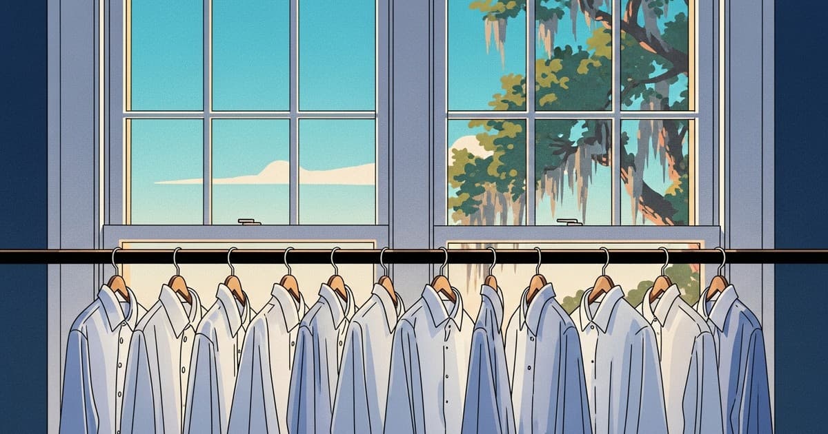 Editorial coastal illustration of crisp pressed dress shirts on hangers for laundry service Savannah professionals trust