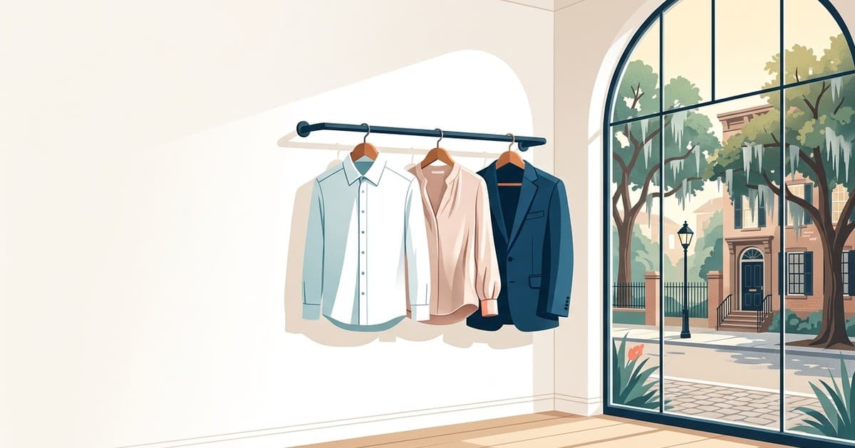 Flat vector illustration of a crisp white dress shirt, a soft blush blouse, and a navy suit on hangers in a sunlit Savannah dry cleaner window, with live oaks, Spanish moss, and a pale October sky outside