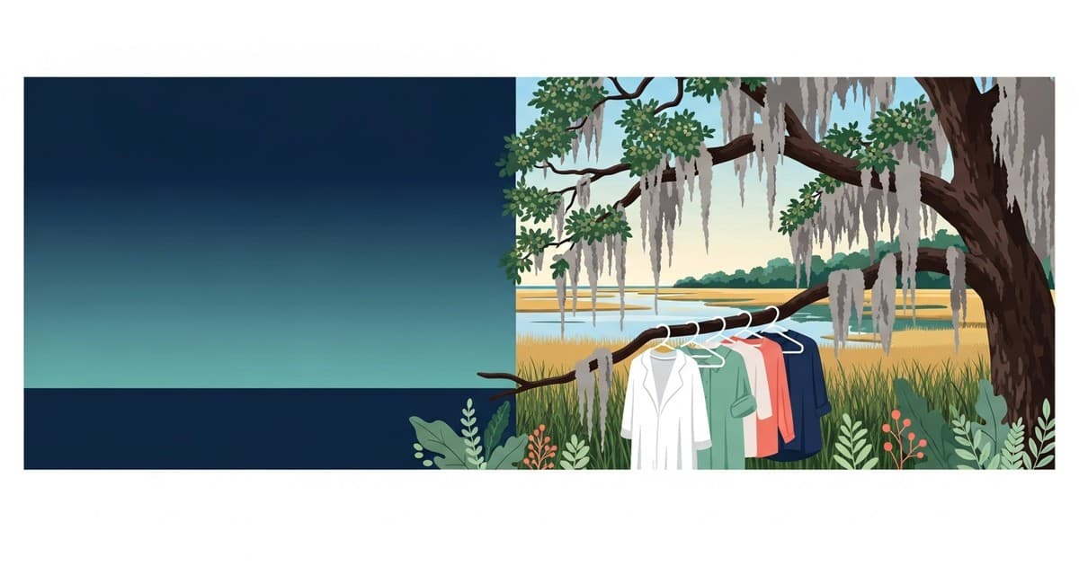Modern illustrated scene of eco-friendly dry cleaning in Savannah with coastal marshes and oak trees in background