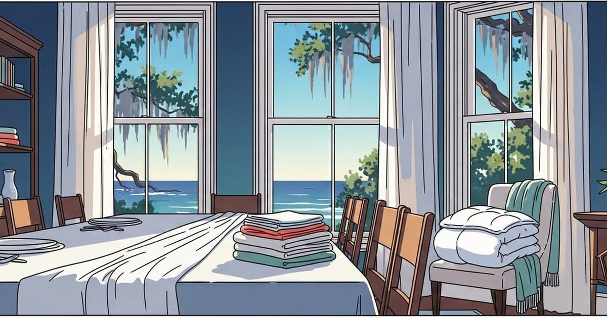 Flat vector illustration of a Savannah home prepared for late summer entertaining with pressed table linens, light drapes at a tall window, and a folded throw in coastal blues