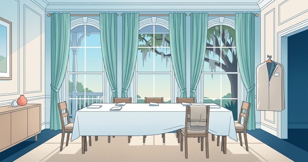 Flat vector illustration of a sunlit Savannah dining room prepared for guests, with a pressed white tablecloth, tall windows framed by flowing teal drapes, a folded throw on a chair, and live oaks visible outside in coastal blues and sandy neutrals
