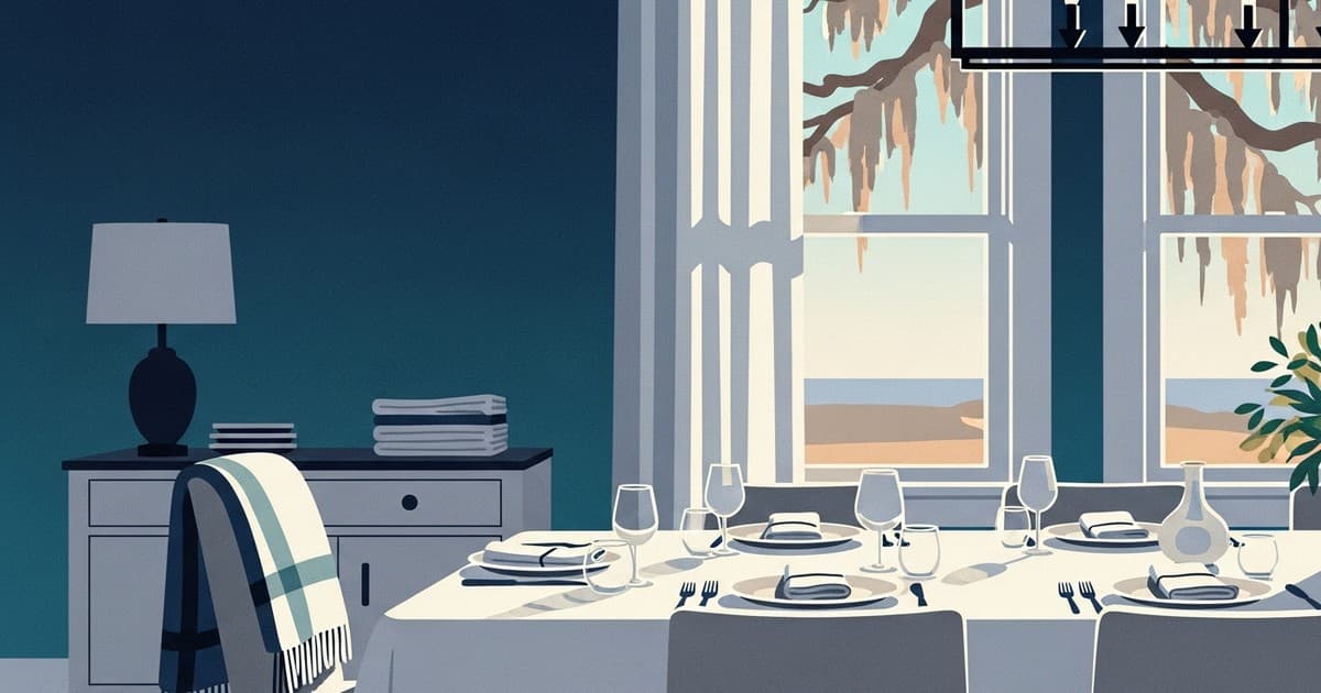 Flat vector illustration of a sunlit Savannah dining room set for an end-of-summer gathering with a pressed white tablecloth, breezy curtains at a tall window, and a folded throw in coastal blues and sandy neutrals