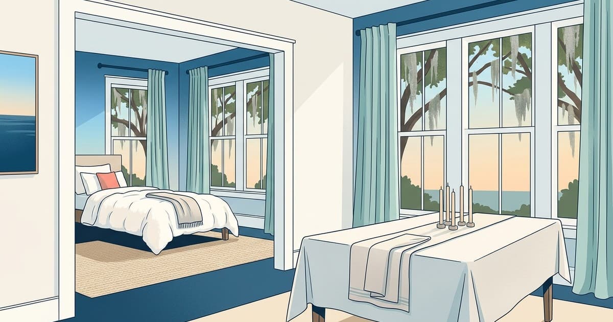 Flat vector illustration of a sunlit Savannah home interior ready for fall guests, with a pressed tablecloth on a dining table, a neatly made bed with a fluffy comforter in the next room, tall windows with flowing drapes, a woven rug, and live oaks with Spanish moss outside, in coastal blues and sandy neutrals