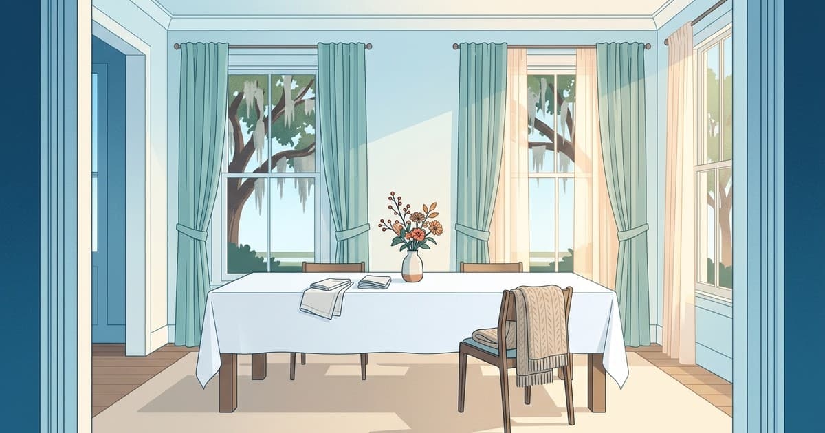 Flat vector illustration of a sunlit Savannah dining room in October with tall windows, soft teal drapes drawn back, a long table dressed in a crisp white linen cloth with folded napkins, and live oaks with Spanish moss visible through the glass