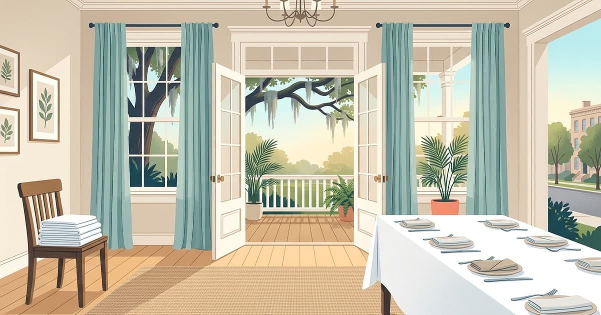 Flat vector illustration of a Savannah porch and dining room in early autumn, with a pressed tablecloth on a long table, tall windows framed by soft teal drapes, folded napkins, and live oaks with Spanish moss outside in coastal blues, warm whites, and sandy neutrals