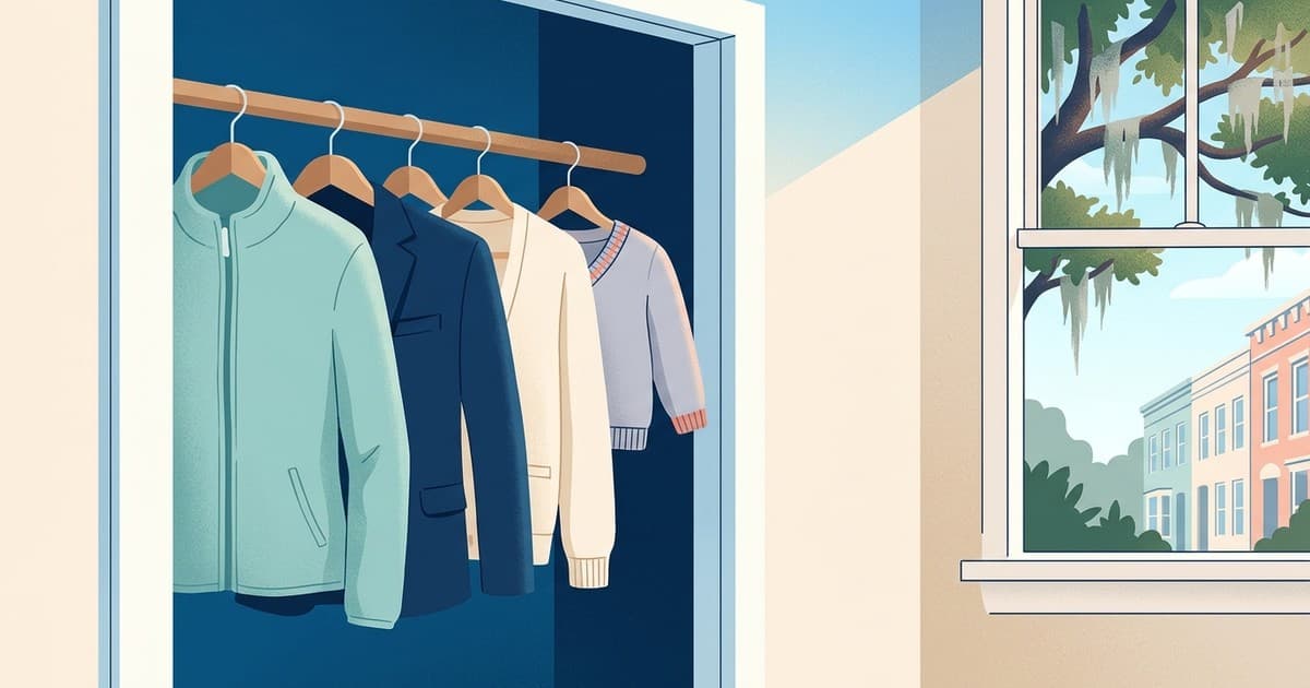 Flat vector illustration of a Savannah closet doorway in soft morning light with a fleece warm-up jacket, a navy blazer, a cardigan, and a school sweater hanging in a row, live oaks and Spanish moss outside the window, uniform cleaning in Savannah for fall
