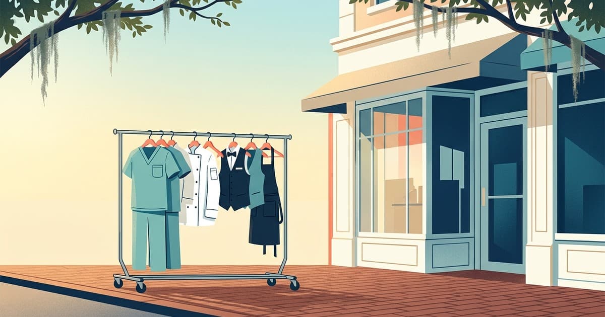 Flat vector illustration of a rolling rack of freshly pressed medical scrubs, chef coats, and hospitality uniforms in front of a sunlit Savannah storefront with live oaks and early autumn light, commercial uniform cleaning in Savannah