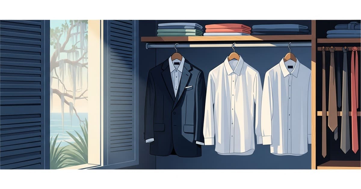 Illustrated flat vector of neatly pressed men's suits and dress shirts hanging in a bright, airy Savannah wardrobe with coastal light