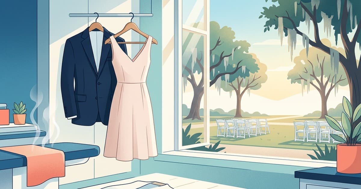 Flat vector illustration of a pressed suit and cocktail dress on hangers in a sunlit Savannah dry cleaning shop with Spanish moss and oak trees outside the window, representing same-day formal wear cleaning in Savannah