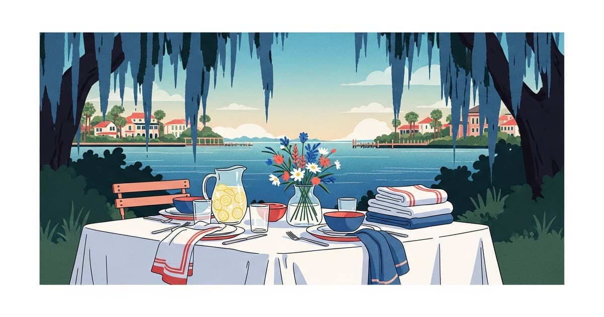 Illustrated scene of outdoor summer entertaining with festive tablecloths and linens in Savannah, Georgia
