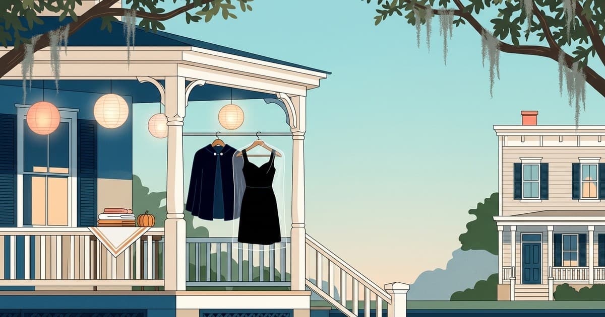 Flat vector illustration of a velvet cape, a black cocktail dress, and folded table linens beside a pumpkin on a Savannah porch with live oaks and Spanish moss at dusk, Best Cleaners Savannah Halloween same day dry cleaning