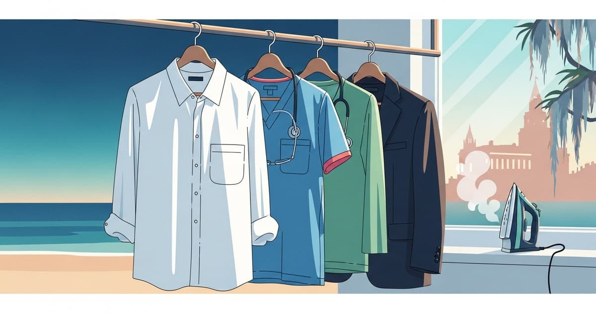 Flat vector illustration of crisply pressed dress shirts and professional garments on hangers in soft coastal Savannah light, representing hand-finished pressing