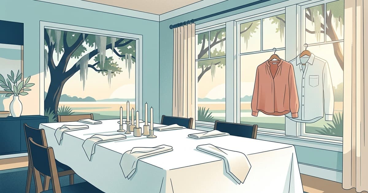 Flat vector illustration of a silk blouse and linen shirt hanging beside a set dining table in a sunlit Savannah home, live oaks and Spanish moss outside the window, in coastal blues, soft teals, and sandy neutrals
