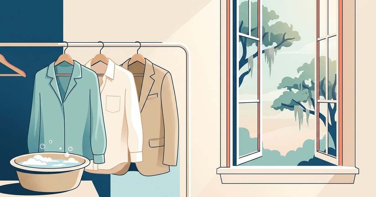 Illustration of a silk blouse, linen shirt, and wool jacket hanging in a sunlit Savannah room with coastal light and Spanish moss outside