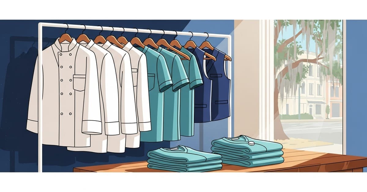 Illustration of racks of clean chef coats, hotel uniforms, and medical scrubs in a bright coastal Savannah setting for Best Cleaners & Laundry