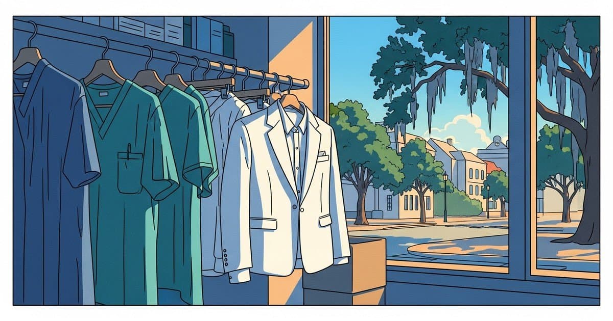 Flat vector illustration of crisp hospitality and medical uniforms on a garment rack in coastal Savannah light, representing uniform cleaning in Savannah, Georgia