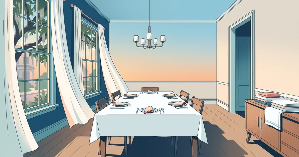 Flat vector illustration of a sunlit Savannah dining room with a set table, folded linens, and long drapes framing a window with live oaks outside