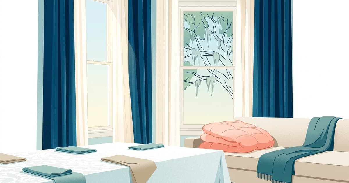Flat vector illustration of a sunlit Savannah living room with velvet drapes at tall windows, a folded down comforter and wool throw on a sofa, and a damask tablecloth on a dining table, rendered in coastal blues, soft teals, and sandy neutrals
