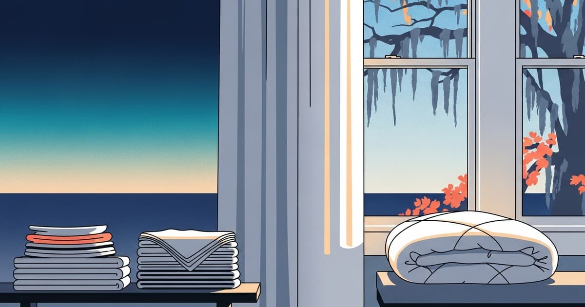 Flat vector illustration of folded table linens, curtains, and a comforter in a sunlit coastal Savannah home