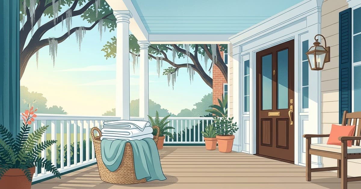 Flat vector illustration of a sunlit Savannah front porch with a neatly folded stack of white table linens and soft teal drapes in a basket beside the door, live oaks with Spanish moss in the background, and a calm coastal sky