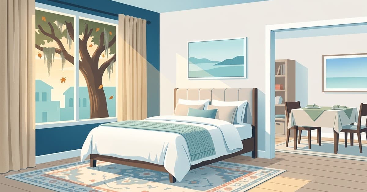 Flat vector illustration of a sunlit Savannah guest room with a folded duvet, throw blanket, and curtains, and a dining table set with fresh linens, representing household items dry cleaning in Savannah by Best Cleaners