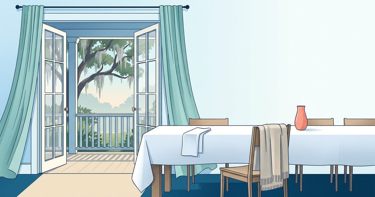 Flat vector illustration of a Savannah dining room with open French doors, soft teal drapes stirring in a breeze, a long table dressed in a pressed white linen cloth, a folded throw on a chair, and live oaks with Spanish moss beyond the porch