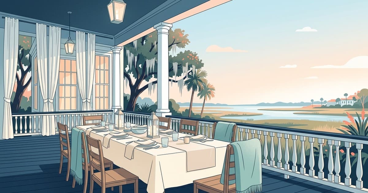 Flat vector illustration of a Savannah porch in October with a long table dressed in a cream linen tablecloth, folded napkins, and soft teal throws draped over chairs, with live oaks, Spanish moss, and a low-country marsh in the background