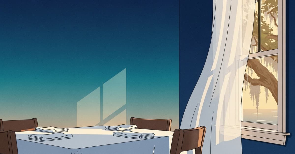 Flat vector illustration of crisp white table linens and airy curtains in a sunlit Savannah home during the height of summer