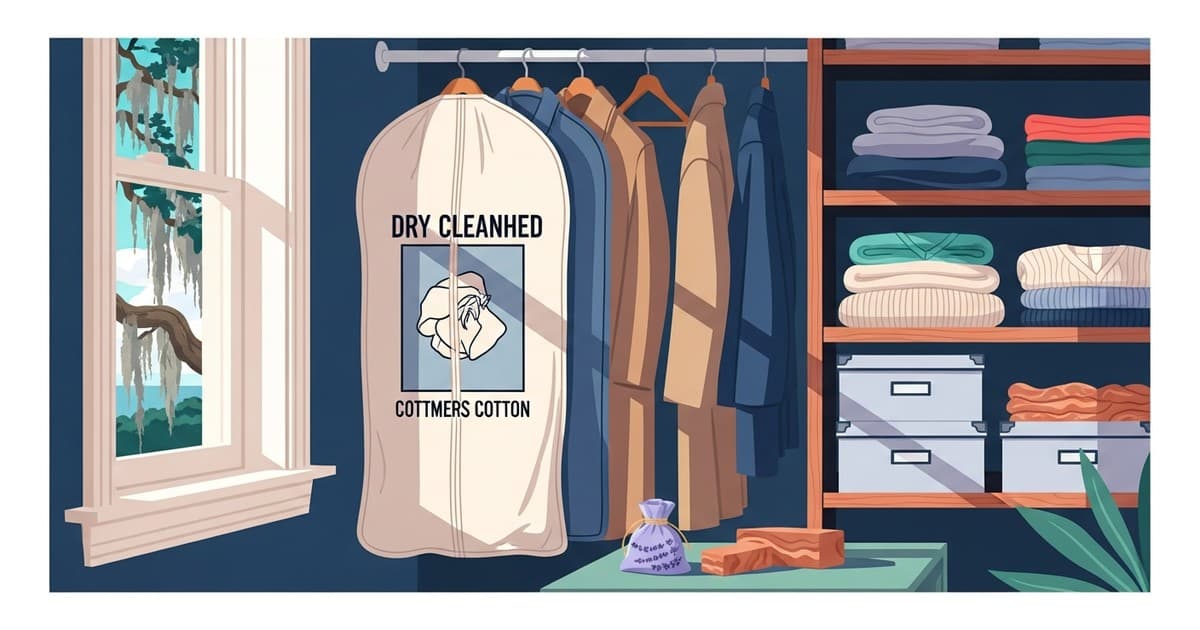 Illustrated coastal closet scene showing winter coats and sweaters being stored after dry cleaning in Savannah, Georgia