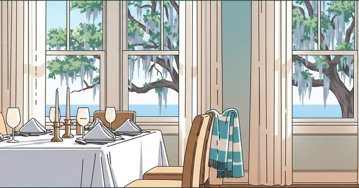 Flat vector illustration of a sunlit Savannah dining room dressed for summer entertaining with pressed table linens, airy curtains, and a folded throw