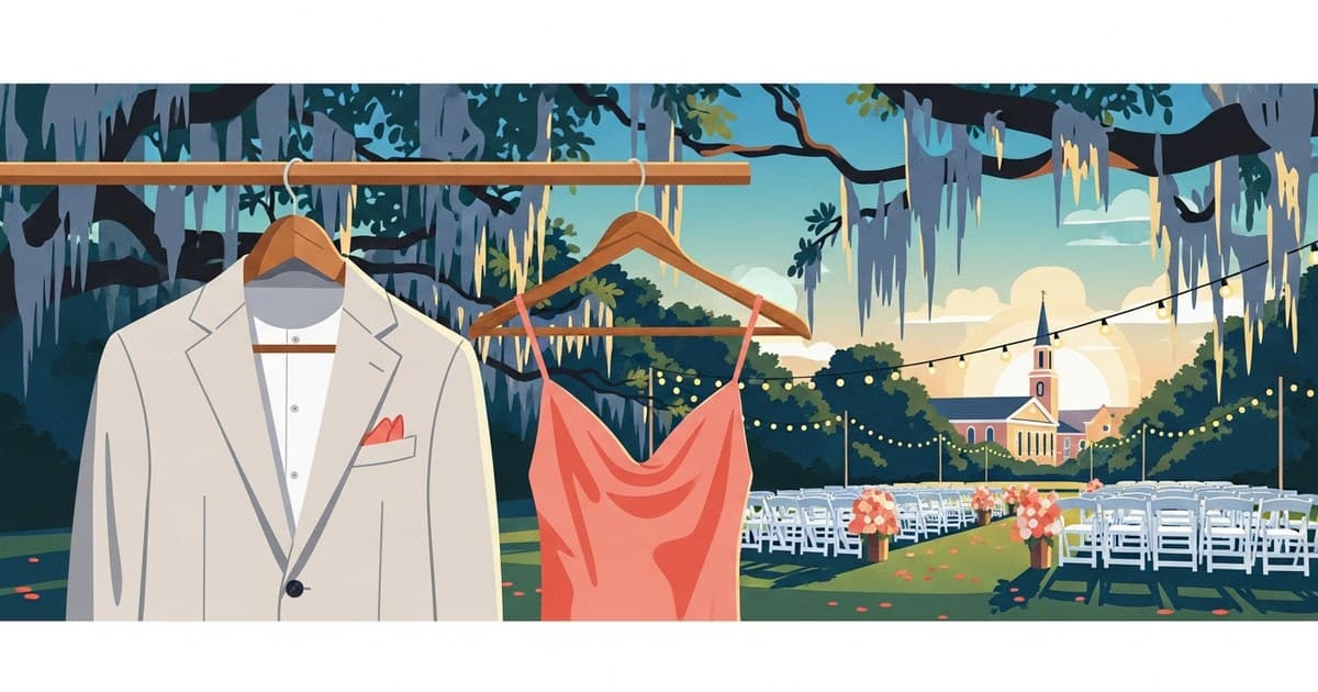 Flat vector illustration of wedding guest attire under Savannah live oaks at a sunlit outdoor July celebration, representing dry cleaning Savannah Georgia