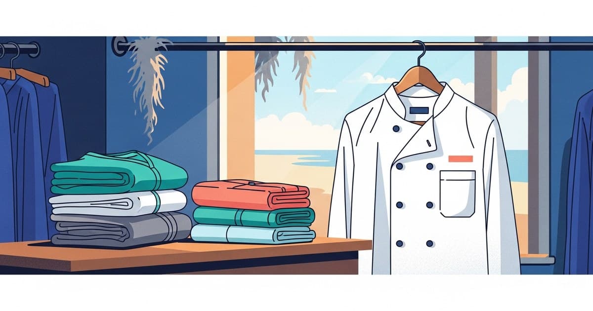 Flat vector illustration of crisp folded medical scrubs and a pressed chef coat in warm coastal Savannah light — Best Cleaners & Laundry