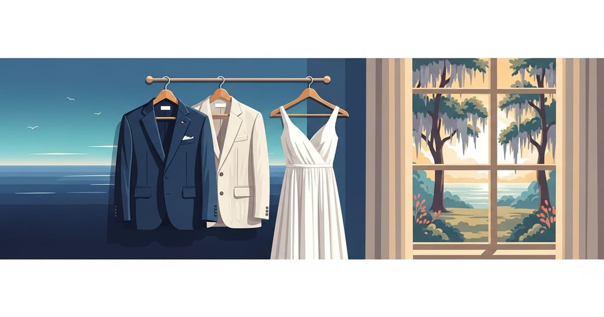 Flat vector illustration of elegant wedding guest attire on hangers with coastal Savannah light, representing same-day dry cleaning Savannah